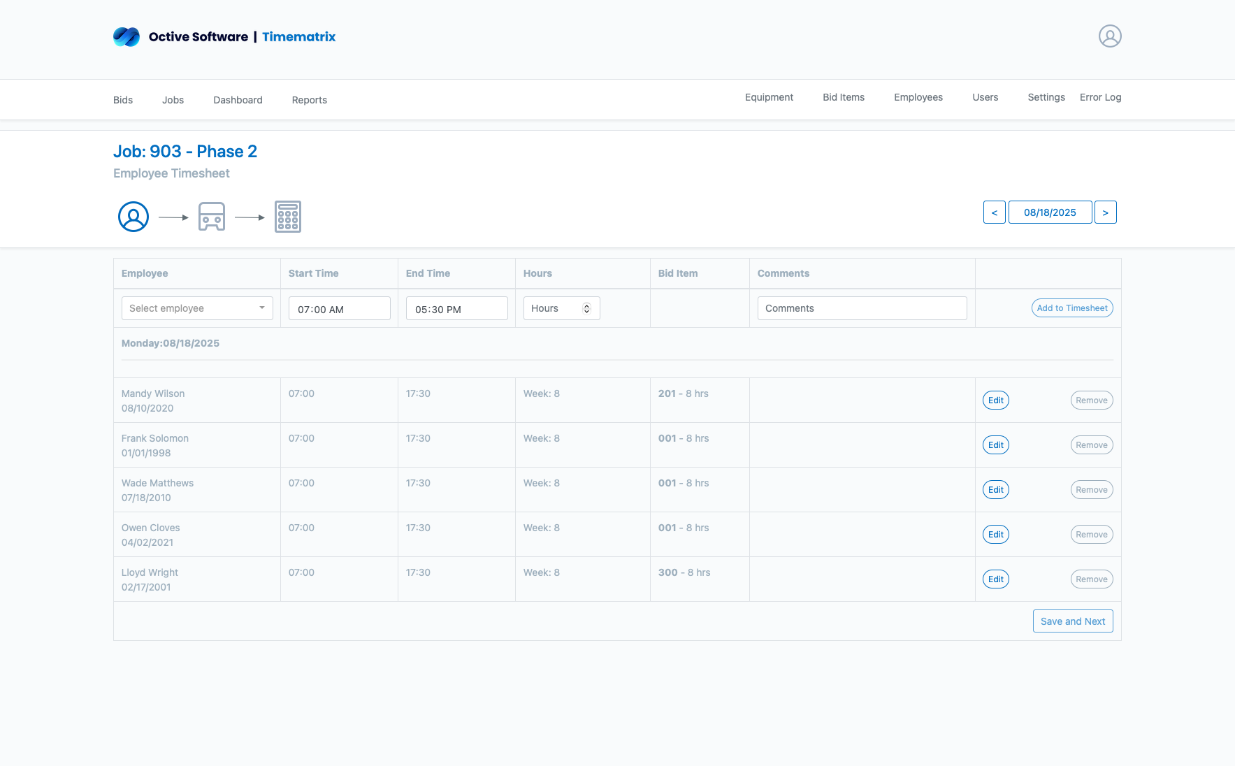 TimeMatrix Employee Time Tracking Interface